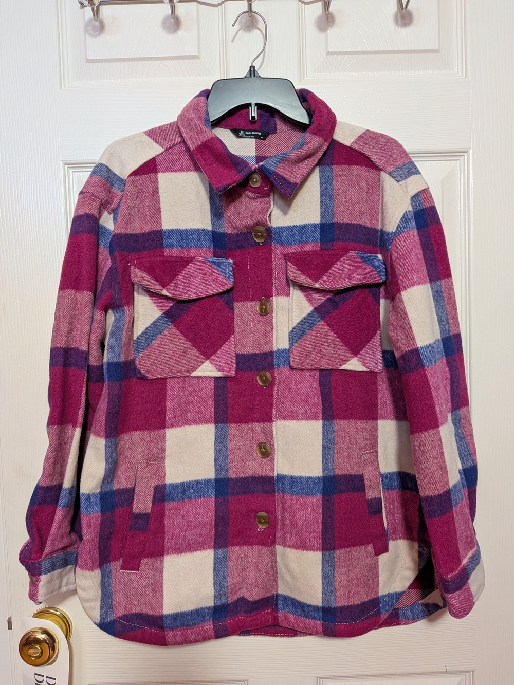 Women’s Plaid Button-Up Shacket in Pink and Blue, Like New, Medium